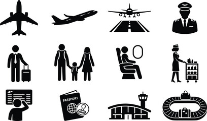 Obraz premium Airport and Aviation Black Glyph Icon Set with Airplanes, Pilots, Passengers, and Luggage Symbols for Travel and Tourism Designs