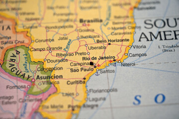 Fototapeta premium Rio de Janeiro Brazil World Map Abstract Blur Background – Soft Defocused Coastal Geography Backdrop