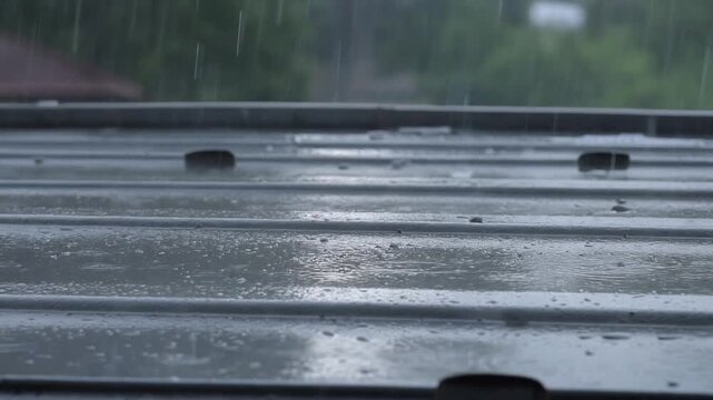 Heavy rain hitting a grey corrugated metal roof during a stormy day outdoors