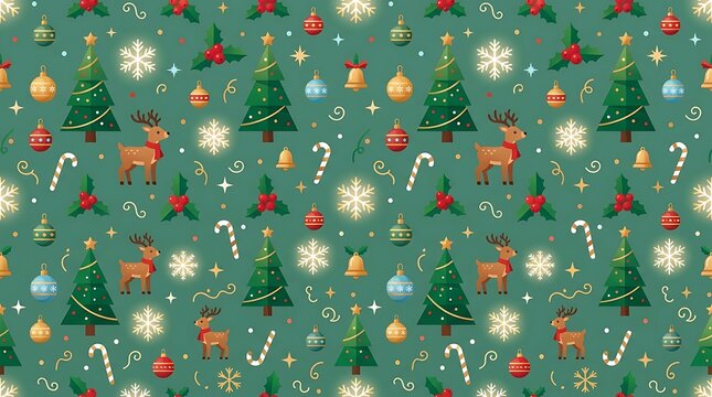 Christmas deer run around green trees with ornaments and snowflakes