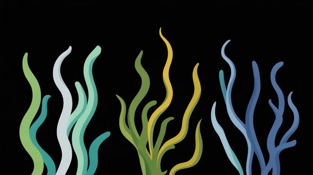 Waving Underwater Seaweed Animation with Colorful Aquatic Plants Isolated on Black Background