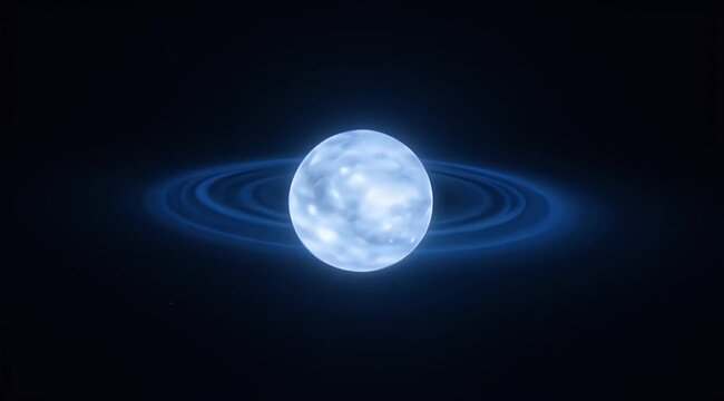 Space cosmic neutron star space blue glow accretion disk cosmic deep astronomy, luminous stellar remnant surrounded by faint blue ring and swirling halo, high contrast celestial scene conveying