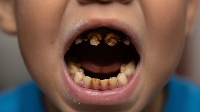 Child with open mouth showing badly decayed teeth