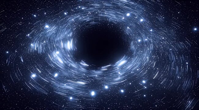Space cosmic black hole star cluster in deep space galaxy with gravity accretion disk, cosmic dust nebula starfield, swirling starlight and lensing around dark core inside dense cluster
