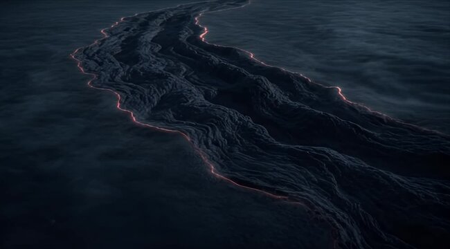 Space cosmic Dark ocean aerial view of volcanic island, glowing coastline night seascape abstract misty ridge silhouette, rugged basalt rock mood, thin glowing lava line tracing shoreline dark water
