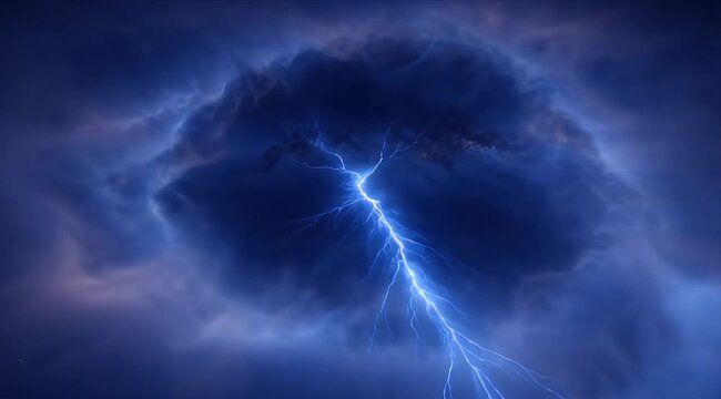 Space cosmic lightning thunderstorm storm cloud electric energy dramatic sky weather vortex, lightning bolt splits storm cloud tunnel with branching electric energy through swirling blue sky