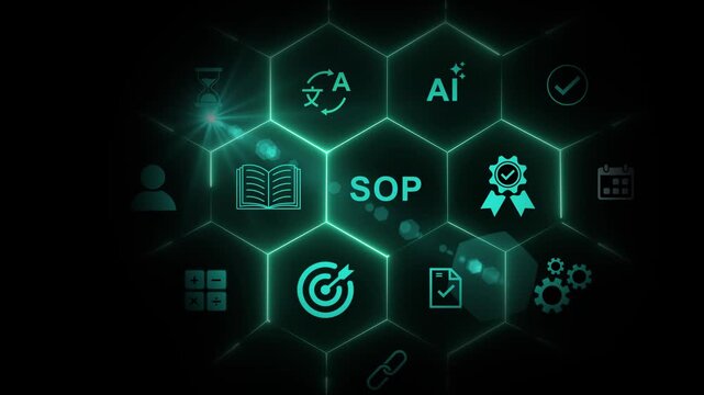 SOP, Standard operating procedure concept.SOP icons on virtual screen. Standard operating procedure with instruction, quality, process, operation, optical lager light background.