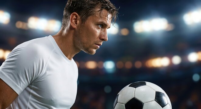 Focused Professional Soccer Player Preparing for a Competitive Stadium Match