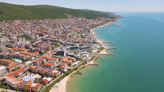 Aerial panoramic view of Sveti Vlas resort town and sea coast, Bulgaria