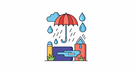 Naklejka premium An illustrated scene of a red umbrella protecting from rain, with clouds, raindrops, and urban elements
