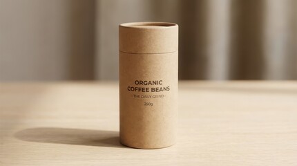 Fototapeta premium Organic coffee beans in a natural kraft paper tube container