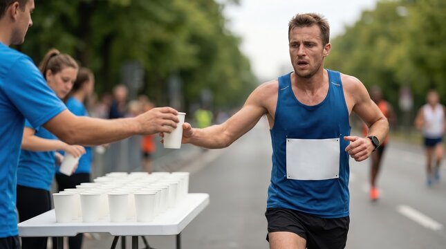 Male Athlete Taking a Water Cup at a Refreshment Station During a City Marathon
