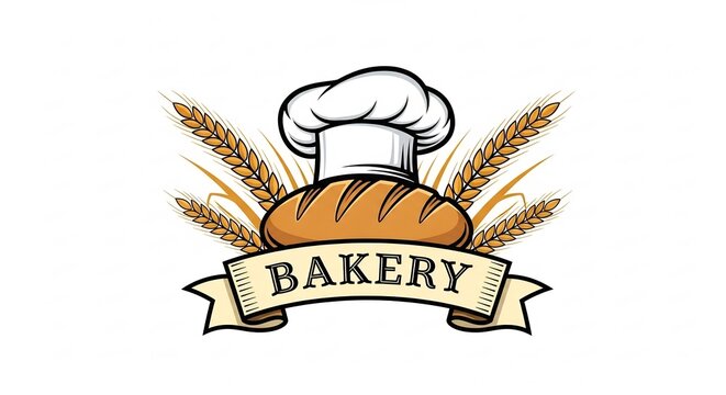 Bakery logo design featuring a chef hat, a loaf of bread, and wheat stalks.