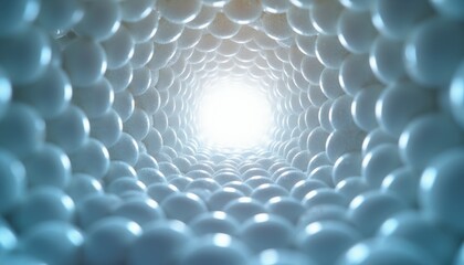 Fototapeta premium Abstract tunnel of white spheres symbolizes skin cell structure renewal and elasticity. Microscopic view of cellular regeneration, dermal matrix and collagen fibers. Medical research concept.