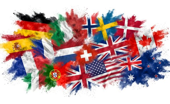 Abstract Watercolor World Flags Collage Background