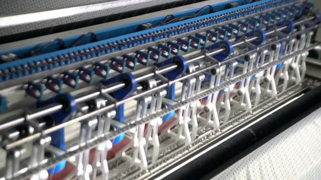 Closeup of industrial textile machinery with mechanical components and precision parts
