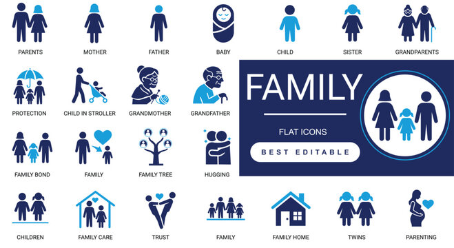family solid  icon set. relationship, father, parents, mother, child, baby, generation, icon, household, children, people, grandparents, love. editable vector illustration.