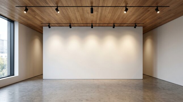 Modern empty interior with wooden ceiling and spotlights illuminating a blank white wall in a minimalist room setup for creative branding concept.