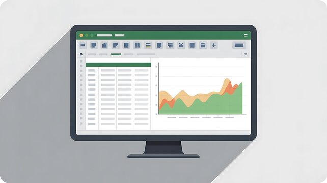 Computer monitor, spreadsheet graph, business data analysis, finance dashboard, office software