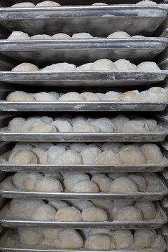 Fresh dough balls proofing on a metal baker rack