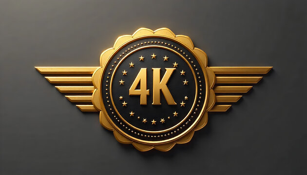 Golden 4K Resolution Badge with Wings on Dark Background in Ultra HD Motion