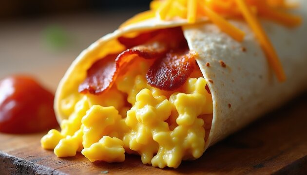 Scrambled egg breakfast burrito with bacon and cheese filling. Fluffy eggs, crispy bacon strips, and melted cheddar cheese wrapped in soft tortilla. Delicious morning meal.