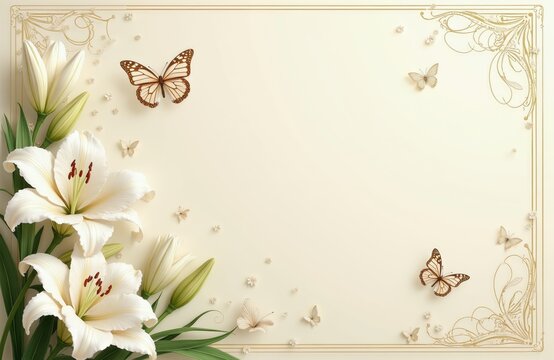 White lilies and butterflies on cream background. Elegant floral design for wedding invitations or greeting cards. Delicate art for special occasions with ornamental border.
