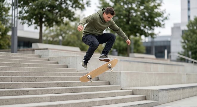 Young Man Performing a Skateboarding Trick Over Concrete City Stairs
