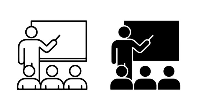 Presentation Icon Pair Representing Teaching, Training, and Knowledge Sharing in Minimal Black‑and‑White Vector Style