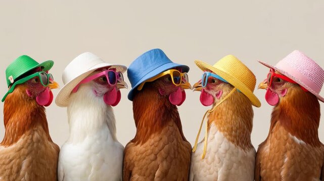 Five chickens wearing colorful hats and sunglasses lined up together in a humorous anthropomorphic portrait with summer fashion vibes