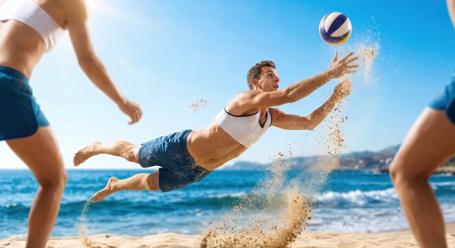 Beach volleyball game with a player diving for the ball