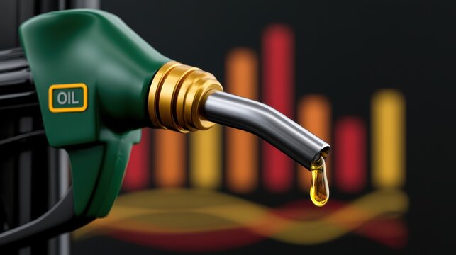 Green oil fuel pump nozzle dripping oil with abstract financial market bar graph background