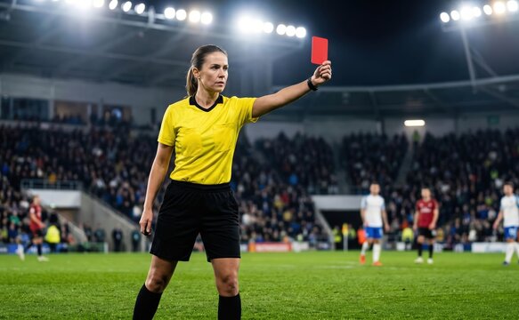 Professional female referee holding red card at football game arena