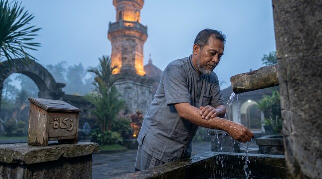Indonesian Muslim man performing wudu ablution at stone water spout beside zakat donation box with illuminated traditional mosque minaret in predawn mist