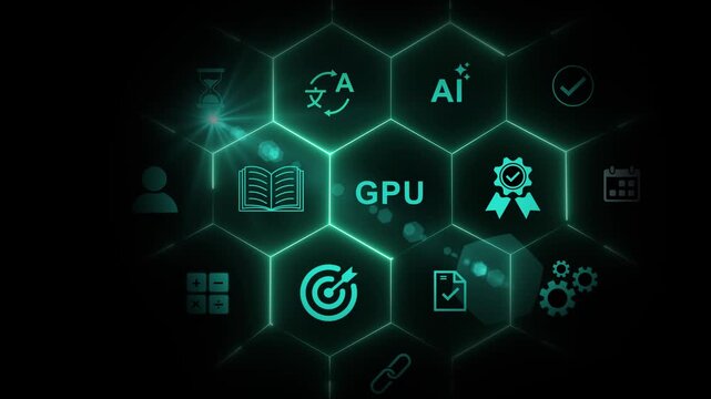 GPU graphics processing unit concept. Modern business technology interface with gears and digital network icons. Motion graphics of icon symbol background.