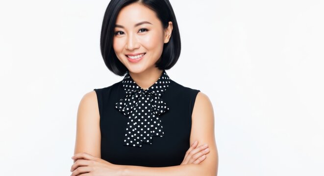 Young asian woman smiling with arms crossed wearing polka dot top
