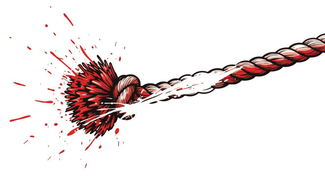 Braided red and white boxing ring rope illustration featuring a frayed knotted end with dynamic red liquid splatters and paint drips isolated on a plain white background.