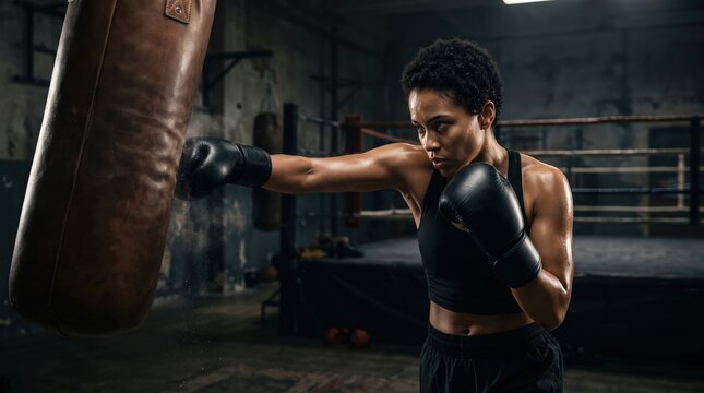 Determined Female Boxer Training with Heavy Punching Bag in Dark Boxing Gym