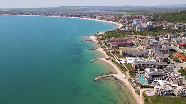 Aerial panoramic view of Sveti Vlas resort town and sea coast, Bulgaria