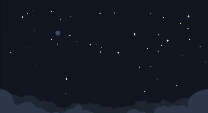 A dark, starry night sky with a faint moon and low-lying clouds