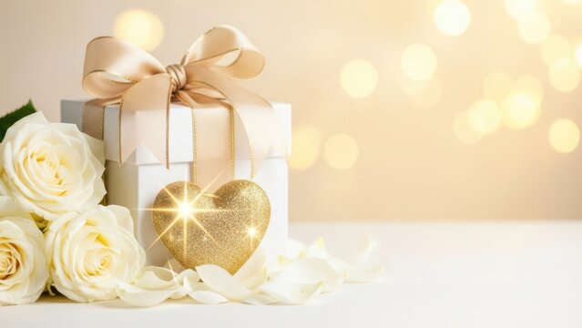 Elegant gift box with roses and golden heart decoration