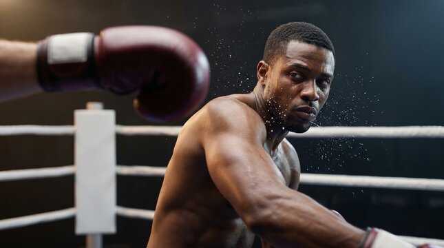 Powerful Black Male Boxer Fighting in Professional Ring Match