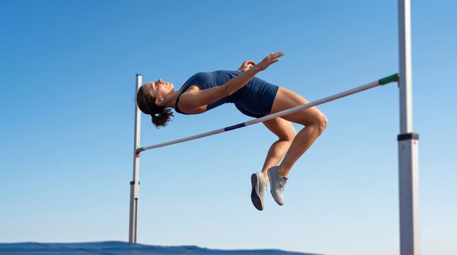 Female athlete high jumping over a bar with blue sky backdrop, showcasing agility and athletic skill