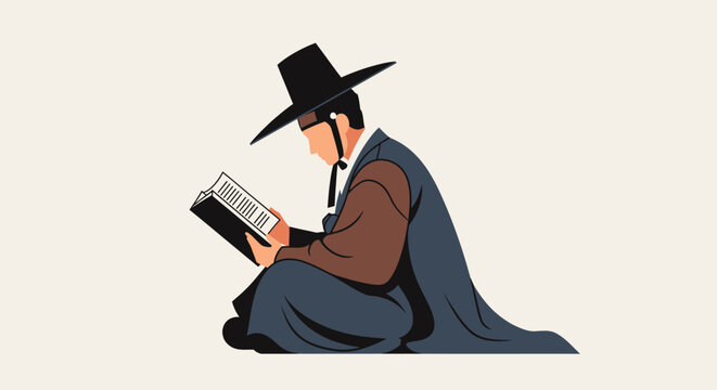 Illustration of a Korean Scholar in Traditional Clothing Reading a Book.