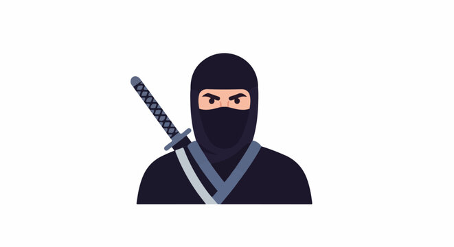 A stylized illustration depicts a ninja wearing a dark head covering and mask, with a sword strapped across their back