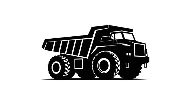 Minimalist black and white vector illustration of a heavy duty mining dump truck.