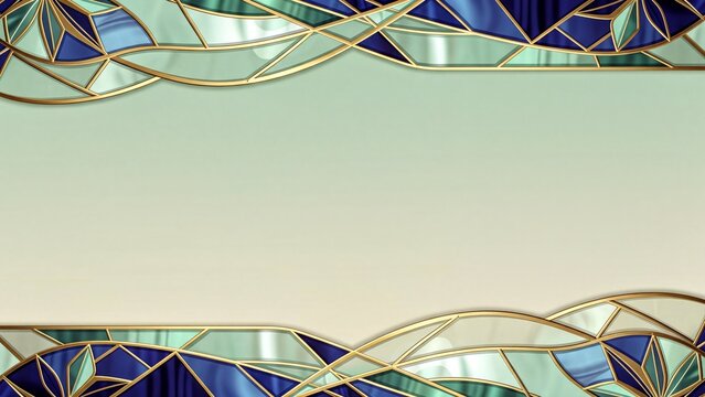 Art Deco stained glass border with gold lines on mint background