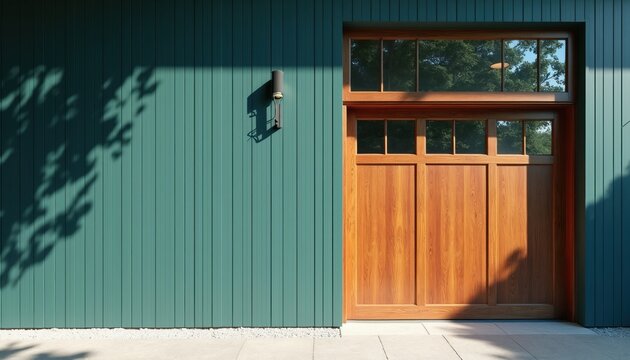 Exterior wall with vertical teal planks, natural wood garage door, and glass windows. Sunlight casts leaf shadows on the wall. Outdoor scene with stone pavement.
