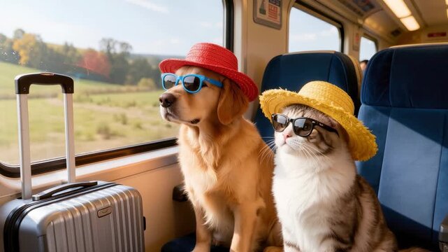 Golden retriever and fashionable cat in hats and sunglasses riding a train with luggage, creating a humorous summer travel concept