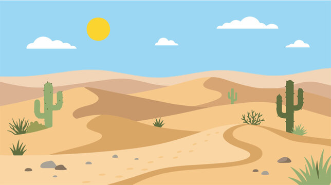 Minimal desert landscape illustration with sandy dunes, cactus plants, rocks, and a sunny sky in flat cartoon style. Ideal for nature, travel, summer, and background designs.